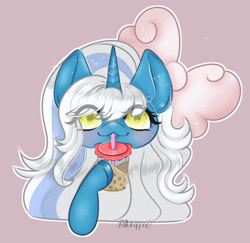 Size: 906x882 | Tagged: safe, artist:milkk0ffee, imported from derpibooru, oc, oc:fleurbelle, alicorn, adorabelle, alicorn oc, blushing, boba tea, bow, cute, drinking, drinking straw, female, hair bow, horn, mare, ocbetes, pink background, simple background, wingding eyes, wings, yellow eyes