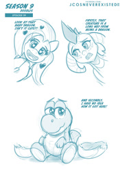 Size: 960x1371 | Tagged: safe, artist:jcosneverexisted, imported from derpibooru, fluttershy, princess ember, dragon, pegasus, pony, yoshi, sweet and smoky, crossover, cute, dialogue, female, male, mare, season 9 doodles, super mario bros., text