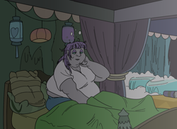 Size: 1562x1139 | Tagged: safe, artist:monterrang, imported from derpibooru, maud pie, human, tumblr:ask fat maud pie, bbw, bed, bingo wings, double chin, fat, female, humanized, lidded eyes, maud pudge, neck roll, obese, pony coloring, solo, waking up