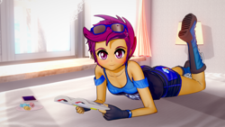 Size: 1920x1080 | Tagged: artist needed, source needed, safe, artist:ratachu666, imported from derpibooru, scootaloo, equestria girls, 3d, boots, clothes, cute, cutealoo, female, koikatsu, lying down, one leg raised, prone, rainbow dash's cutie mark, shoes, shorts, solo, sunglasses, sunglasses on head, tanktop, the pose, tomboy