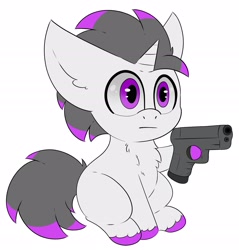 Size: 2582x2698 | Tagged: safe, artist:pegamutt, imported from derpibooru, oc, oc only, oc:haze rad, pony, unicorn, :l, chest fluff, colored hooves, commission, commissioner:biohazard, delet this, gun, high res, highlights, horn, male, missing cutie mark, simple background, sitting, solo, stallion, unicorn oc, unshorn fetlocks, weapon, white background, ych result