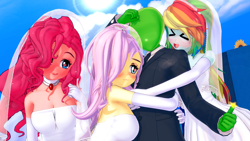 Size: 1920x1080 | Tagged: artist needed, safe, artist:ratachu666, derpibooru exclusive, imported from derpibooru, fluttershy, pinkie pie, rainbow dash, oc, oc:anon, human, equestria girls, 3d, :3, anon gets all the mares, blushing, breasts, busty fluttershy, busty pinkie pie, clothes, dress, evening gloves, eyes closed, gloves, hair over one eye, heart eyes, hug, humanized, koikatsu, long gloves, lucky bastard, open mouth, open smile, polyamory, polygamy, smiling, suit, thumbs up, wedding dress, wingding eyes