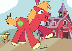 Size: 1280x906 | Tagged: safe, artist:helsaabi, imported from derpibooru, apple bloom, applejack, big macintosh, granny smith, earth pony, pony, apple bloom riding big macintosh, colored hooves, female, giant pony, macro, male, mare, missing freckles, open mouth, ponies riding ponies, pony hat, really big mac, riding, smiling, stallion, sweet apple acres, unshorn fetlocks