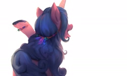 Size: 1935x1161 | Tagged: safe, artist:luciferamon, imported from derpibooru, izzy moonbow, pony, unicorn, crystal, facing away, female, g5, jewelry, mare, necklace, open mouth, rear view, solo