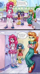 Size: 1500x2749 | Tagged: safe, artist:smudge proof, imported from derpibooru, kimberlite, megan williams, pinkie pie, technicolor waves, equestria girls, bathroom stall, canterlot mall, comic, commission, implied pooping, mall, public bathroom, public restroom, public toilet, sitting, sketch, toilet stall