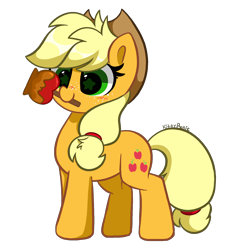 Size: 4376x4608 | Tagged: safe, artist:kittyrosie, imported from derpibooru, applejack, earth pony, pony, blushing, caramel apple (food), cute, female, food, jackabetes, mare, mouth hold, redraw, simple background, smiling, solo, starry eyes, transparent background, wingding eyes