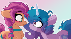 Size: 3000x1664 | Tagged: safe, artist:nekro-led, imported from derpibooru, izzy moonbow, sunny starscout, earth pony, pony, unicorn, abstract background, blushing, braid, curly hair, cute, ear fluff, eyebrows, female, g5, harness, horn, imminent kissing, izzyscout, leaning back, leaning forward, lesbian, open mouth, scene interpretation, shading, shipping, staring contest, surprised, tack