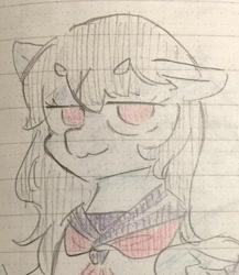 Size: 1353x1562 | Tagged: safe, artist:metaruscarlet, imported from derpibooru, oc, oc only, oc:anime-chan, pegasus, pony, bowtie, clothes, lined paper, school uniform, smug, solo, teenager, traditional art