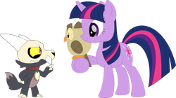 Size: 1195x669 | Tagged: safe, artist:porygon2z, imported from derpibooru, owlowiscious, twilight sparkle, bird, owl, pony, unicorn, broken horn, collar, crossover, female, horn, king clawthorne, male, pet tag, show accurate, simple background, skull, the owl house, titan, transparent background, trio, unicorn twilight, vector