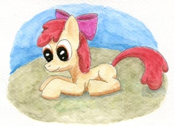 Size: 930x672 | Tagged: safe, artist:ambrosebuttercrust, imported from derpibooru, apple bloom, earth pony, pony, female, filly, lying down, prone, smiling, solo, traditional art, watercolor painting