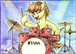Size: 2036x1464 | Tagged: safe, artist:dandy, imported from derpibooru, oc, oc only, oc:drummershy, pony, unicorn, colored pencil drawing, drum kit, drums, fog, male, musical instrument, raffle prize, solo, spotlight, traditional art