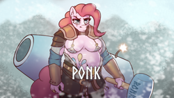 Size: 2000x1125 | Tagged: safe, artist:cocaine, imported from derpibooru, pinkie pie, anthro, pony, armor, balloon, belly cutie mark, breasts, busty pinkie pie, eye scar, god of war, god of war: ragnarok, looking at you, musclegut, parody, party cannon, scar, thick, thor