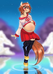 Size: 915x1280 | Tagged: safe, artist:pregoo, imported from ponybooru, oc, oc only, oc:fun fact, anthro, earth pony, unguligrade anthro, anthro oc, belly button, blushing, clothes, female, hoodie, looking at self, looking down, mare, off shoulder, open mouth, open smile, outie belly button, pleated skirt, pregnant, reflection, shirt, shirt lift, skirt, smiling, socks, solo, stockings, thigh highs, water