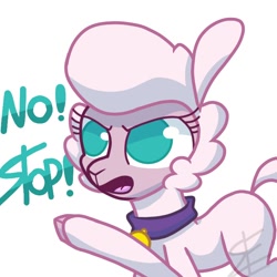 Size: 720x720 | Tagged: safe, artist:berrysoda10, imported from derpibooru, lamb, sheep, them's fightin' herds, collar, community related, female, no, open mouth, pointing, pom (tfh), pom is not amused, raised hoof, reaction image, signature, simple background, solo, stop, unamused, white background