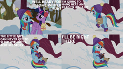 Size: 1280x720 | Tagged: safe, edit, edited screencap, editor:quoterific, imported from derpibooru, screencap, rainbow dash, twilight sparkle, alicorn, pegasus, pony, season 5, tanks for the memories, bag, female, mare, open mouth, saddle bag, snow, tree, twilight sparkle (alicorn)