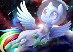 Size: 1024x732 | Tagged: safe, artist:scarlett-sketches, comet tail, rainbow dash, pony, astronaut, space, spacesuit