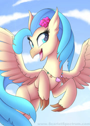 Size: 1024x1434 | Tagged: safe, artist:scarlett-sketches, princess skystar, hippogriff, my little pony: the movie, cloud, flying, grin, sky, smiling