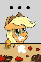 Size: 2280x3434 | Tagged: safe, artist:anonymous, imported from ponybooru, applejack, earth pony, pony, ..., applejack's hat, clothes, cowboy hat, drawthread, ears, eating, female, floppy ears, glue, gray background, hat, mare, ponified, requested art, simple background, solo