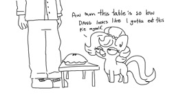 Size: 1152x648 | Tagged: safe, artist:tjpones, imported from derpibooru, oc, oc only, oc:brownie bun, oc:richard, earth pony, human, pony, horse wife, black and white, duo, female, food, grayscale, head out of frame, lidded eyes, male, mare, monochrome, ms paint, pie, simple background, white background