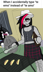 Size: 4240x7016 | Tagged: safe, artist:tenenbris, imported from derpibooru, oc, oc:culpa, oc:miss eri, anthro, alcohol, arm hooves, barbeque, beer, black and red mane, clothes, cowboy hat, drinking, eyeshadow, fishnets, food, hat, makeup, meme, skirt, two toned mane