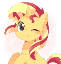 Size: 1260x1321 | Tagged: safe, artist:ginmaruxx, imported from derpibooru, sunset shimmer, pony, unicorn, equestria girls, blushing, cute, female, looking at you, mare, one eye closed, shimmerbetes, solo, wink