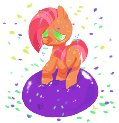 Size: 1466x1521 | Tagged: safe, artist:1eg, imported from derpibooru, babs seed, earth pony, pony, balloon, balloon riding, female, filly, party balloon, solo, that pony sure does love balloons