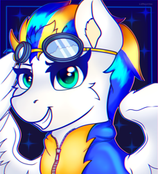 Size: 1690x1851 | Tagged: safe, artist:legionsunite, imported from derpibooru, oc, oc only, oc:stormheart silverbeat, pegasus, pony, chromatic aberration, clothes, eyelashes, male, smiling, smirk, solo, stallion, uniform, wonderbolts uniform