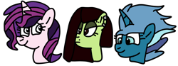 Size: 1500x560 | Tagged: safe, artist:icicle-wicicle-1517, artist:jadeharmony, color edit, edit, imported from derpibooru, oc, oc only, oc:evening glitter, oc:white lilly, oc:wondermint, pegasus, pony, unicorn, icey-verse, collaboration, colored, ear piercing, earring, eyebrow piercing, female, jewelry, magical lesbian spawn, mare, offspring, parent:applejack, parent:minuette, parent:starlight glimmer, parent:strawberry sunrise, parent:sunset shimmer, parent:trixie, parents:applerise, parents:minixie, parents:shimmerglimmer, piercing, simple background, transparent background, trio