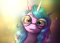 Size: 1100x799 | Tagged: safe, artist:magfen, imported from derpibooru, izzy moonbow, pony, unicorn, beautiful, bust, cute, female, g5, glasses, izzybetes, looking at you, mare, open mouth, portrait, round glasses, solo