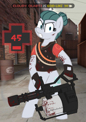 Size: 3545x5013 | Tagged: safe, artist:legendoflink, imported from derpibooru, cloudy quartz, earth pony, pony, /mlp/ tf2 general, absurd resolution, angry, bipedal, blood, bullet hole, clothes, female, frown, heavy weapons guy, looking at you, mare, minigun, solo, team fortress 2, teeth