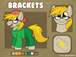 Size: 6657x5022 | Tagged: safe, artist:captshowtime, imported from derpibooru, oc, oc only, oc:brackets, earth pony, pony, bandana, clothes, commission, glasses, hat, hoodie, jacket, male, pants, ponysona, reference, reference sheet, simple background, solo, stallion