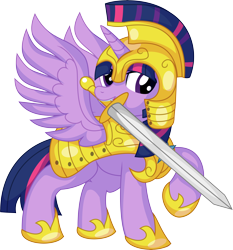 Size: 6342x6797 | Tagged: safe, artist:cyanlightning, imported from derpibooru, twilight sparkle, alicorn, pony, .svg available, absurd resolution, armor, athena sparkle, clothes, costume, female, helmet, hoof shoes, horn, mare, mouth hold, purple eyes, raised hoof, royal guard, royal guard armor, simple background, solo, spread wings, standing, sword, transparent background, twilight sparkle (alicorn), vector, weapon, wings