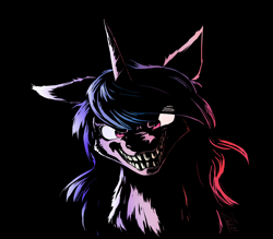 Size: 4000x3500 | Tagged: safe, artist:zoarvek, imported from derpibooru, izzy moonbow, pony, unicorn, black background, chest fluff, creepy, creepy face, creepy ponies, evil grin, eye clipping through hair, female, g5, grin, gritted teeth, high res, looking at you, mare, metal as fuck, my little pony: a new generation, nightmare fuel, scary face, simple background, smiling, smiling at you, solo