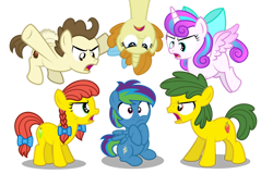 Size: 1280x820 | Tagged: safe, artist:aleximusprime, imported from derpibooru, pound cake, princess flurry heart, pumpkin cake, oc, oc:annie smith, oc:apple chip, oc:storm streak, alicorn, earth pony, pegasus, unicorn, flurry heart's story, blank flank, bow, earth pony oc, flying, hanging, hanging upside down, offspring, older, older flurry heart, older pound cake, older pumpkin cake, parent:applejack, parent:oc:thunderhead, parent:rainbow dash, parent:tex, parents:canon x oc, parents:texjack, pegasus oc, pigtails, shut up, simple background, surrounded, transparent background, upside down, yelling
