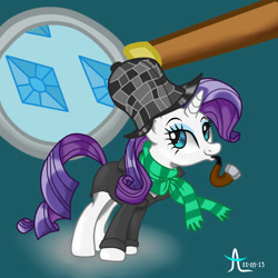 Size: 1000x1000 | Tagged: artist needed, safe, imported from derpibooru, screencap, rarity, pony, unicorn, clothes, cutie mark, deerstalker, detective, detective rarity, female, hat, magnifying glass, mare, pipe, scarf, sherlock, sherlock holmes