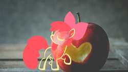 Size: 1920x1080 | Tagged: safe, artist:creativa-artly01, artist:up1ter, imported from derpibooru, apple bloom, earth pony, pony, apple, female, filly, food, heart, outline, solo, wallpaper