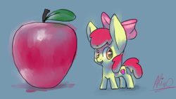 Size: 1920x1080 | Tagged: safe, artist:aliceg, imported from derpibooru, apple bloom, earth pony, pony, apple, big ears, female, filly, food, solo, tiny, tiny ponies