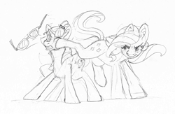 Size: 1802x1178 | Tagged: safe, artist:jaestring, imported from derpibooru, fluttershy, moondancer, pegasus, pony, unicorn, duo, duo female, female, fight, glasses, kicking, one eye closed, pencil, sketch
