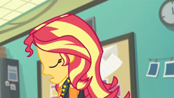 Size: 3410x1920 | Tagged: safe, imported from derpibooru, screencap, sunset shimmer, equestria girls, equestria girls series, forgotten friendship, clothes, cutie mark, cutie mark on clothes, eyes closed, female, geode of empathy, high res, jacket, jewelry, leather, leather jacket, magical geodes, necklace, open mouth, solo