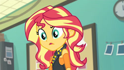 Size: 3410x1920 | Tagged: safe, imported from derpibooru, screencap, sunset shimmer, equestria girls, equestria girls series, forgotten friendship, breasts, clothes, confused, cutie mark, cutie mark on clothes, female, geode of empathy, high res, jacket, jewelry, leather, leather jacket, magical geodes, necklace, open mouth, solo