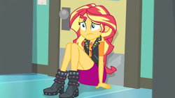 Size: 3410x1920 | Tagged: safe, imported from derpibooru, screencap, sunset shimmer, equestria girls, equestria girls series, forgotten friendship, boots, clothes, cutie mark, cutie mark on clothes, female, geode of empathy, high res, jacket, jewelry, leather, leather boots, leather jacket, magical geodes, necklace, shoes, solo