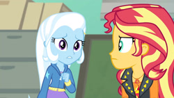Size: 3410x1920 | Tagged: safe, imported from derpibooru, screencap, sunset shimmer, trixie, equestria girls, equestria girls series, forgotten friendship, clothes, cutie mark, cutie mark on clothes, female, geode of empathy, high res, hoodie, jacket, jewelry, leather, leather jacket, magical geodes, necklace