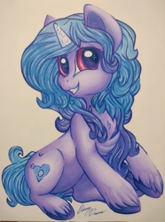 Size: 761x1024 | Tagged: safe, artist:gleamydreams, imported from derpibooru, izzy moonbow, pony, unicorn, g5, looking at you, signature, sitting, smiling, smiling at you, solo, traditional art