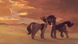 Size: 3200x1800 | Tagged: safe, artist:nsilverdraws, imported from derpibooru, oc, oc only, oc:mimicry, bat pony, original species, bat pony oc, beach, branding, collar, dyed mane, dyed tail, female, fluffy, goggles, male, mare, romantic, shiftling, shipping, stallion, sunset, tail