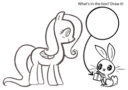 Size: 4092x2893 | Tagged: safe, artist:duckchip, imported from derpibooru, angel bunny, fluttershy, pegasus, pony, rabbit, angel, animal, arrow, birthday, birthday gift, bunny ears, coloring, coloring book, coloring page, folded wings, high res, monochrome, simple background, smiling, solo, standing, text, white background, wings
