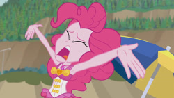 Size: 3410x1920 | Tagged: safe, imported from derpibooru, screencap, pinkie pie, equestria girls, equestria girls series, x marks the spot, armpits, clothes, eyes closed, female, geode of sugar bombs, high res, jewelry, magical geodes, necklace, one-piece swimsuit, open mouth, pinkie pie swimsuit, sleeveless, solo, swimsuit, volumetric mouth, yelling