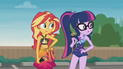 Size: 3410x1920 | Tagged: safe, imported from derpibooru, screencap, sci-twi, sunset shimmer, twilight sparkle, equestria girls, equestria girls series, x marks the spot, beach, belly button, clothes, confused, cutie mark, cutie mark on clothes, female, food, geode of empathy, geode of telekinesis, glasses, hand on hip, high res, jewelry, magical geodes, necklace, one-piece swimsuit, open mouth, ponytail, sarong, sci-twi swimsuit, sleeveless, sushi, swimsuit