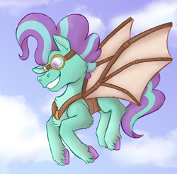Size: 1840x1813 | Tagged: safe, artist:apatheticxaddict, idw, imported from derpibooru, wind sock, earth pony, pony, spoiler:comic, spoiler:comic81, artificial wings, augmented, chest fluff, colored hooves, colored pupils, flying, glider, goggles, male, mechanical wing, solo, stallion, unshorn fetlocks