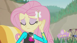 Size: 3410x1920 | Tagged: safe, imported from derpibooru, screencap, fluttershy, aww... baby turtles, equestria girls, equestria girls series, beach, clothes, eyes closed, female, geode of fauna, hairpin, high res, jewelry, magical geodes, necklace, solo, swimsuit, wetsuit