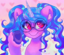 Size: 2048x1762 | Tagged: safe, artist:p0nyplanet, imported from derpibooru, izzy moonbow, pony, unicorn, abstract background, alternate hairstyle, c:, colored pupils, cute, ear fluff, female, g5, glasses, heart, heart eyes, hoof heart, izzybetes, looking at you, mare, pigtails, smiling, solo, twintails, underhoof, unshorn fetlocks, upside-down hoof heart, wingding eyes